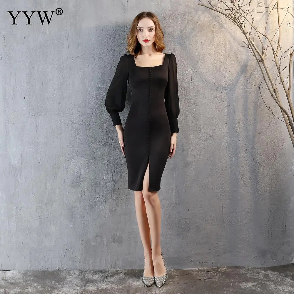 New Vintage Black Short Evening Dresss Side Slit Women Sexy Long Sleeve Solid Bodycon Short Party Dresses Femme Vestidos