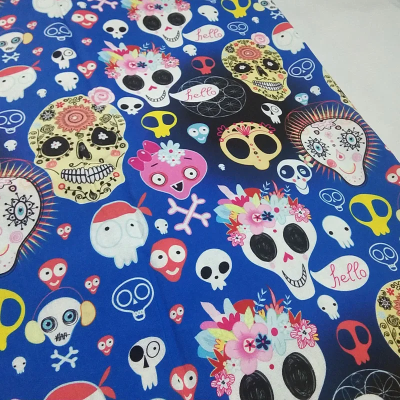 50x105cm Blue Various Flower Skull Printed Cotton Fabric Skull Fabric Patchwork Cloth Dress Home Decoration