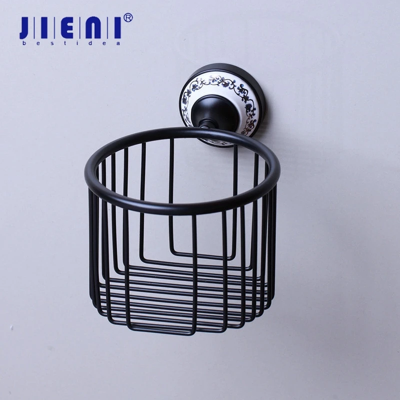 

JIENI Wall Mounted Black Brass Bathroom Paper Basket Ceramic handle Bath Shower Shelf Oval Basket Holder Building Material