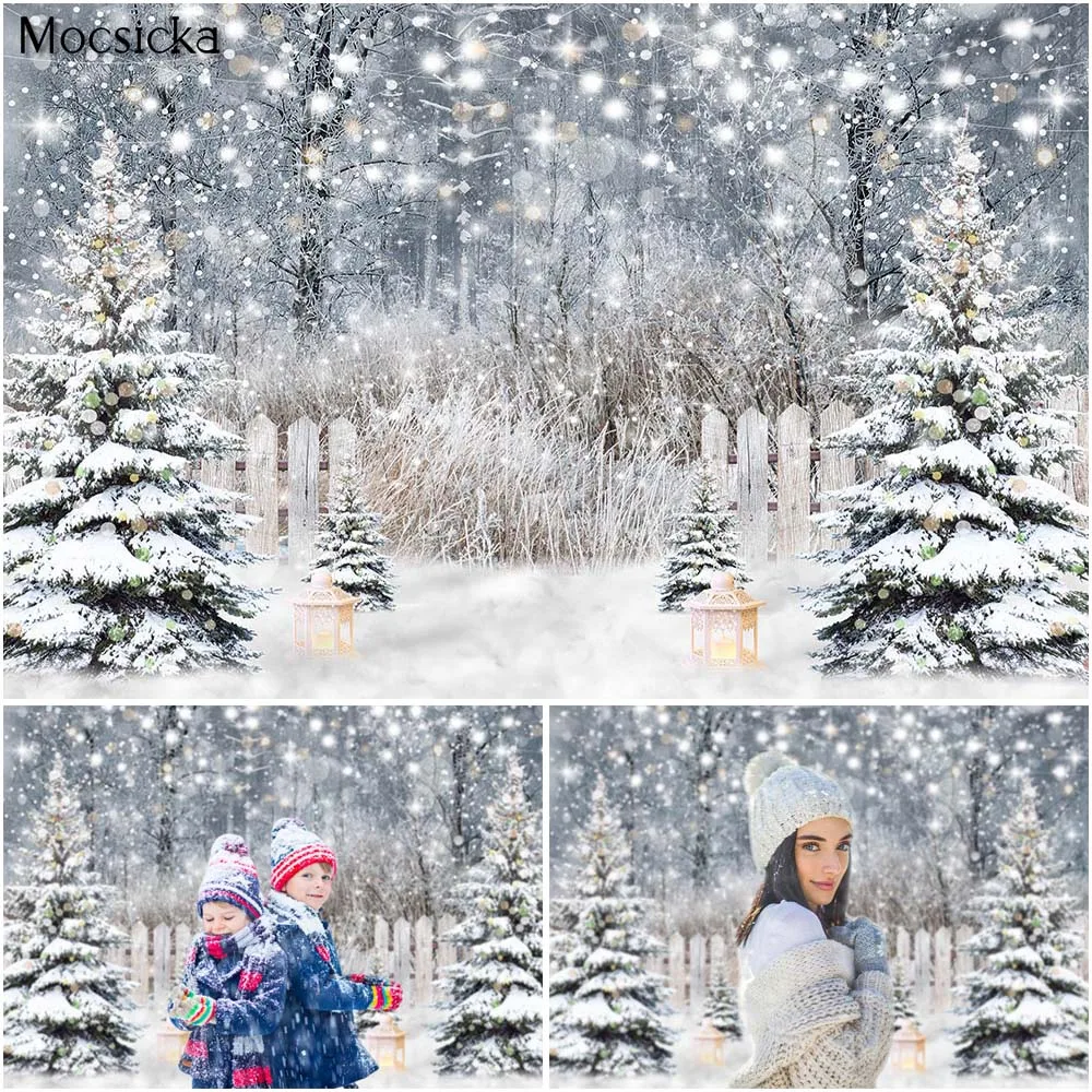 Winter Snow Woodland Christmas Backdrops for Photography Bokeh String Lights Kids Portrait Photo Props Studio Booth Background