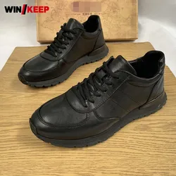 Brand Men Genuine Leather Cowhide Flat Sneakers Black Lace Up Outdoor Running Sport Shoes Comfortable Business Bullock Shoes