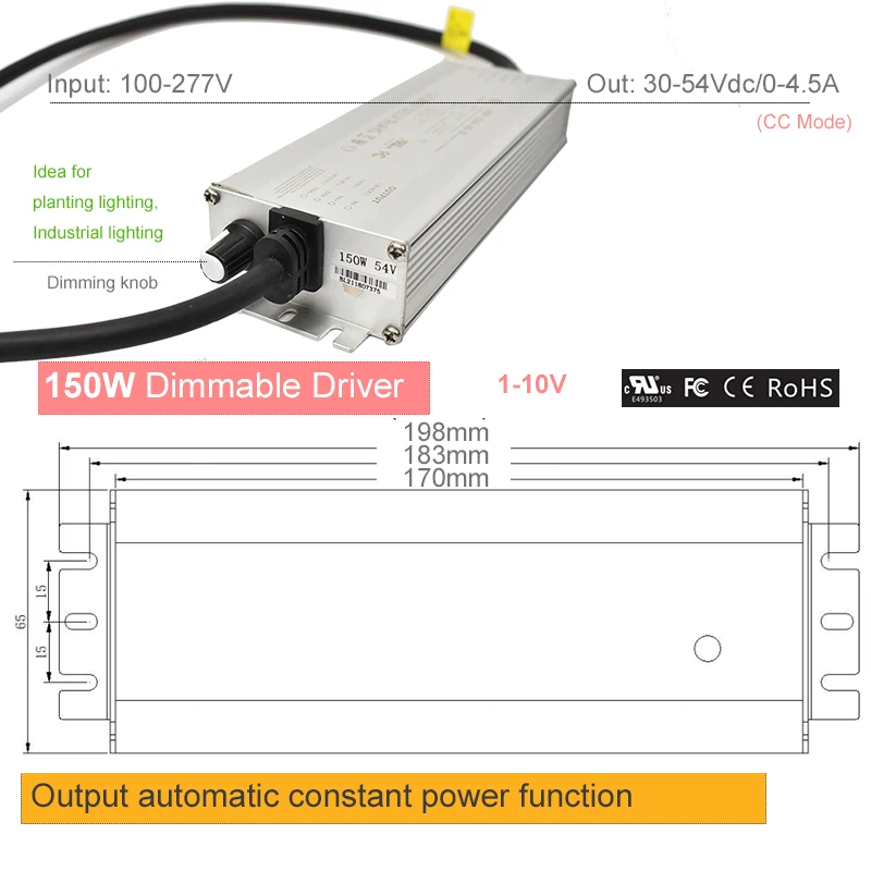 Automatically Constant Power Supply 1-10V Dimmable Knob 150W Max Wide Current 0-4.5A Driver for Quantum Board LED Grow Light