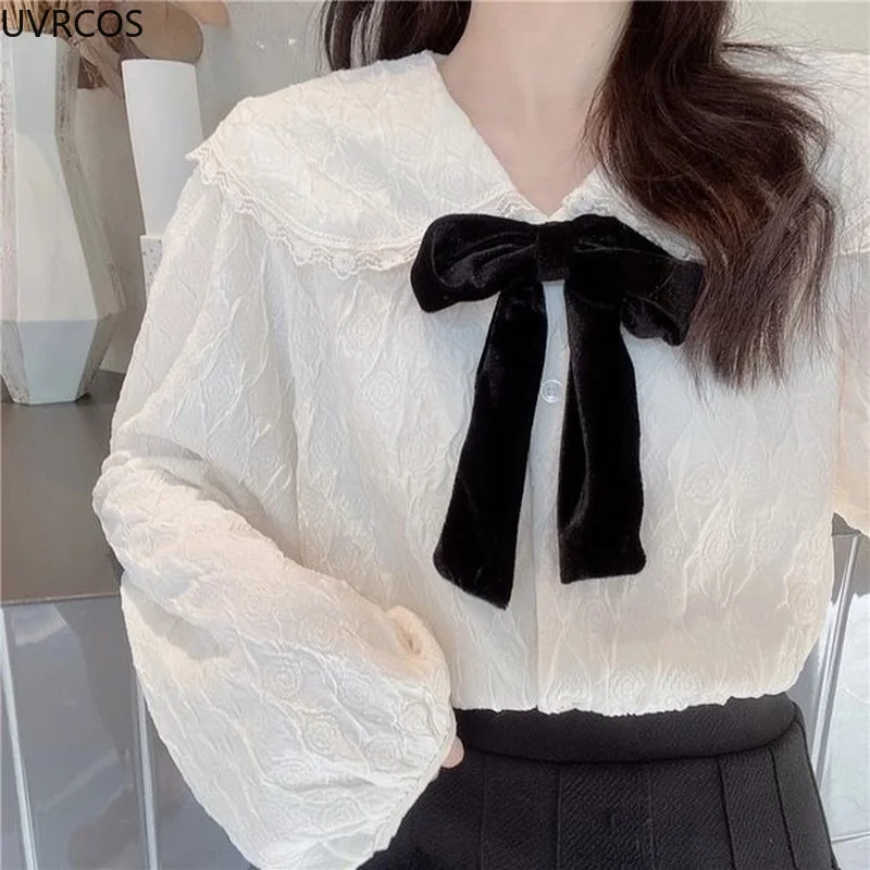 Elegant Women Blouses Sweet Lace Edge Peter Pan Collar Cute Puff Long Sleeve Top Girly Spring Fashion French Casual Party Shirts