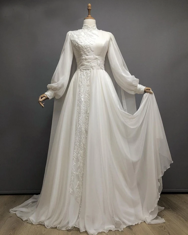 Vestido De novia musulmán De manga larga, elegante, con cuello alto, apliques De cuentas, línea A