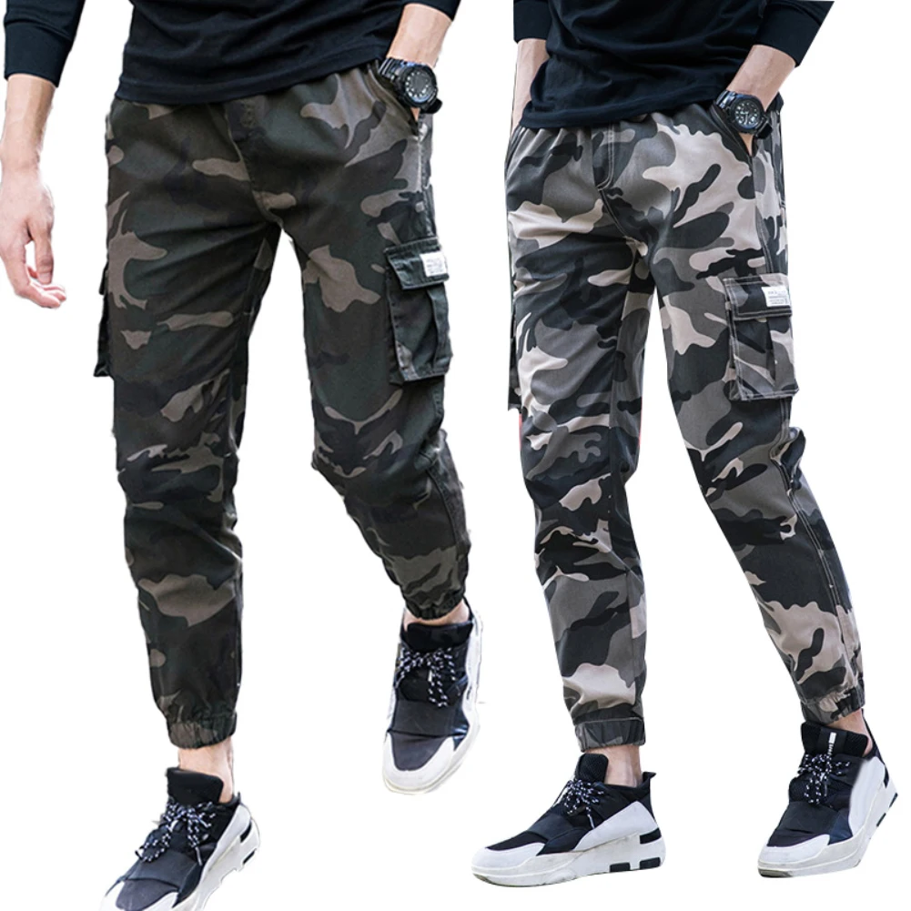 Pantalones Cargo rectos de camuflaje para hombre, pantalones finos con múltiples bolsillos, cintura elástica, corbata en el tobillo