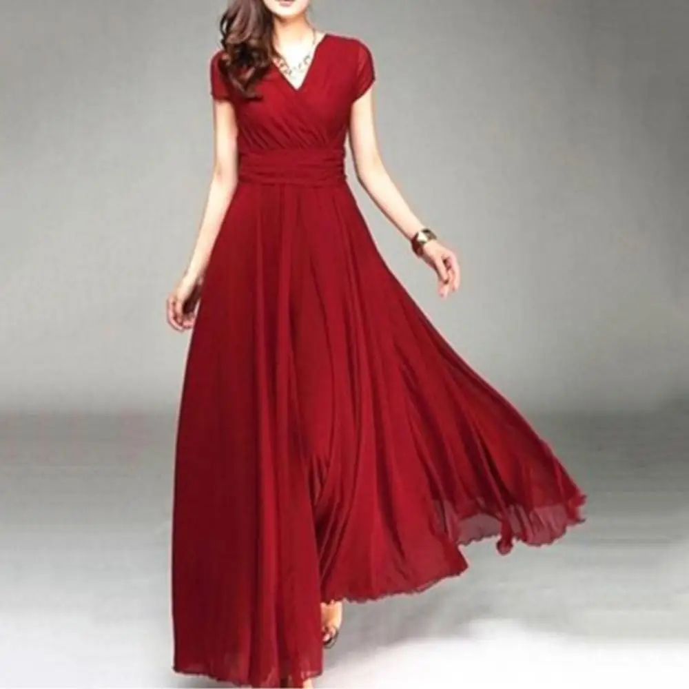 Hot Sales!!! Bohemian Women Solid Color Short Sleeve V Neck Tight Waist Maxi Evening Dress