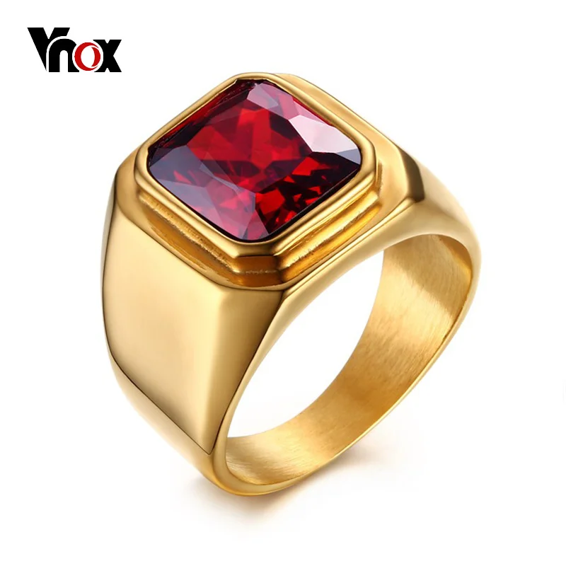 Vnox Casual Men Ring Red CZ Stone Square Top Stal nierdzewna Złoty kolor Codzienny męski rozmiar biżuterii Alliance