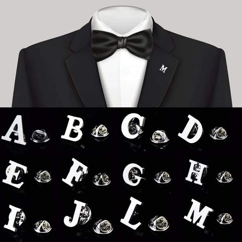 Initial A to Z 26 Letters Pin Silver Color Fashion English Symbol Design Men's Suit Collar Lapel Brooch Pin Party Jewelry