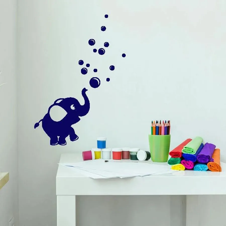 Baby Elephant Wall Decal Cartoon Animal Bubble Blower Vinyl Sticker Kids Bedroom Bathroom Home Decor Waterproof Art Mural S1449