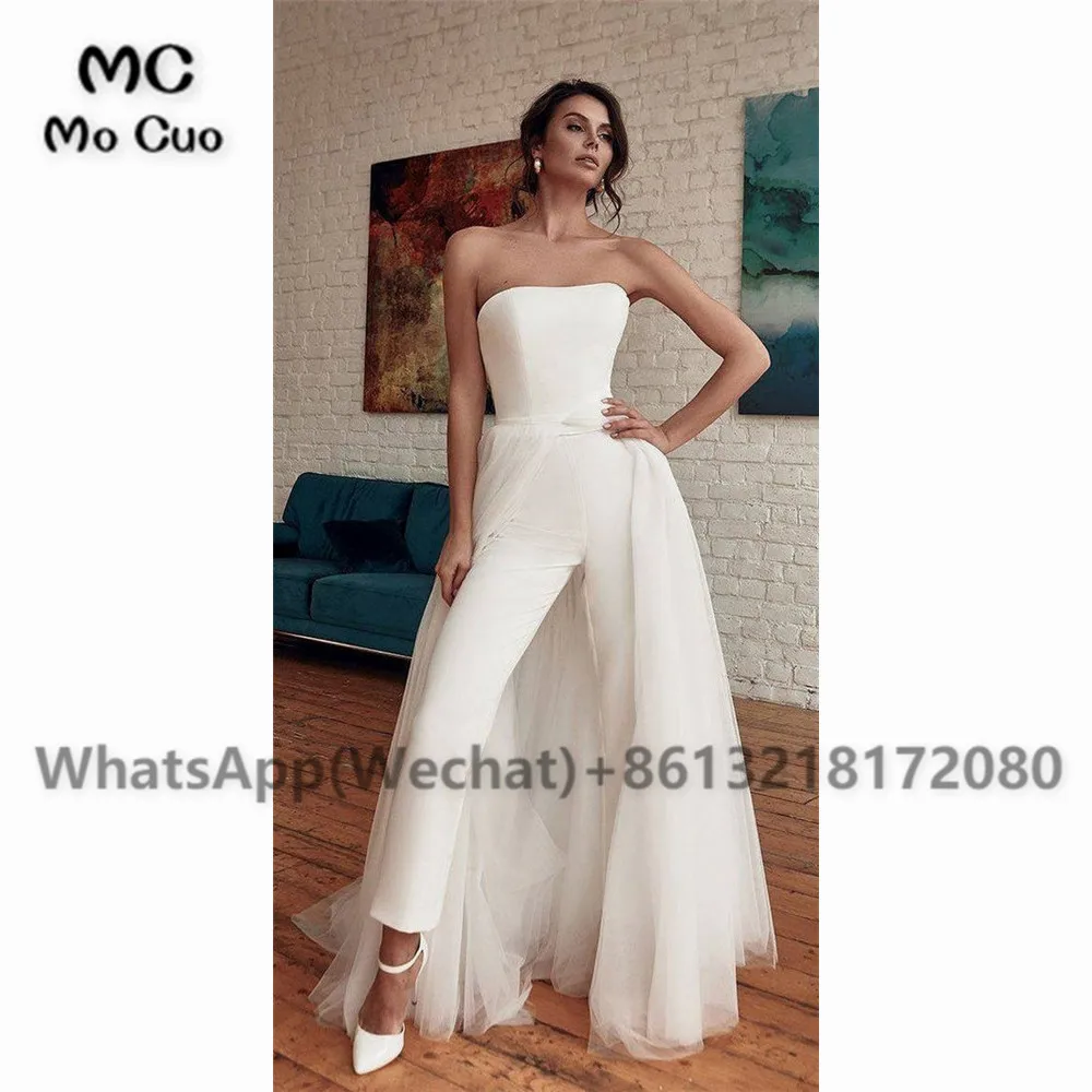 Jumpsuit Strapless Prom Dresses Long 2021 Evening Party Dress with Train Zipper Back White Women's Prom Dress In Stock