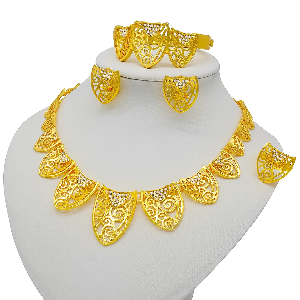 2021 Dubai Gold Jewelry Sets African Bridal Wedding Gifts For Women Saudi Arab Necklace Bracelet Earrings Ring Set Jewellery