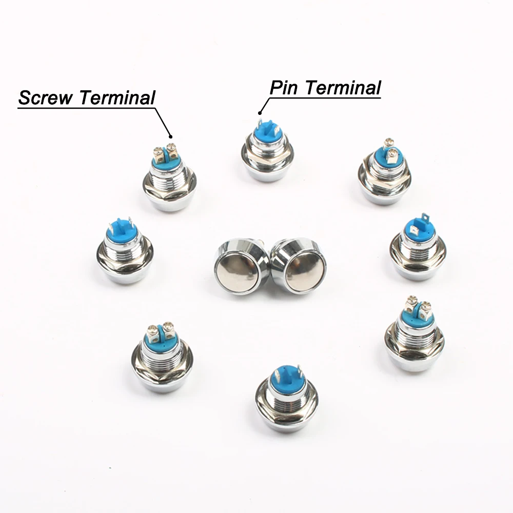 5pcs 12mm Metal Push Button Waterproof Nickel Plated Brass Domed Push Button Switch 1NO Momentary Screw Terminal 2 pins