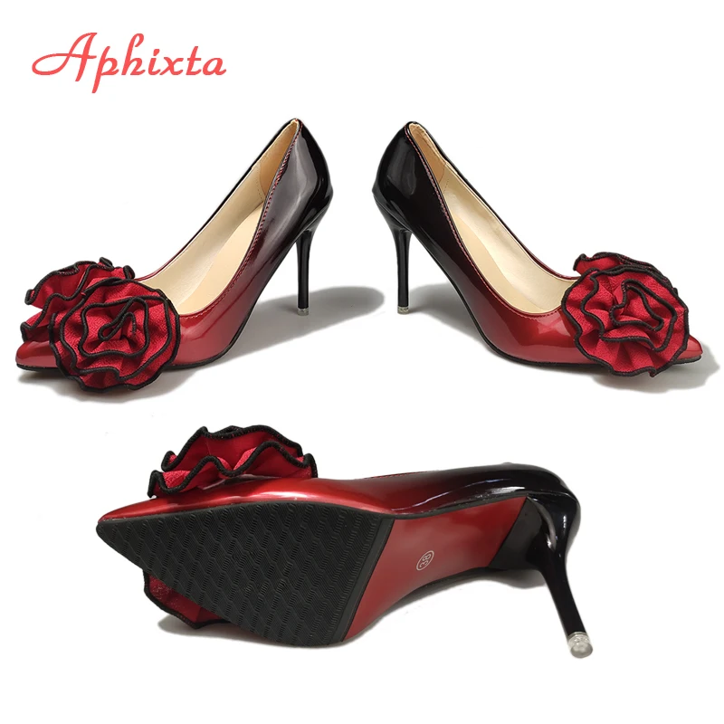 Aphixta 3.93inch Heels Pointed Toe Pumps Women Flower Thin High Heel Shoes Gradient Discolor Patent Leather Wedding Shoes Woman