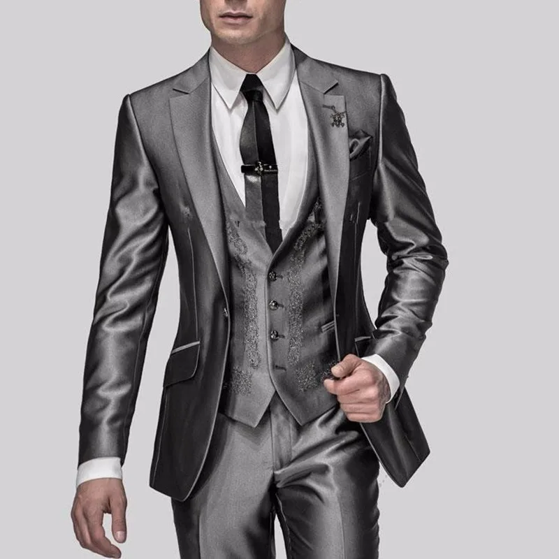 Shiny Grey Men Suits With Embroidery Groomsmen Groom Tuxedos Wedding Best Blazer Sets 3 Pieces (Jacket+Pants+Vest) Costume Homme