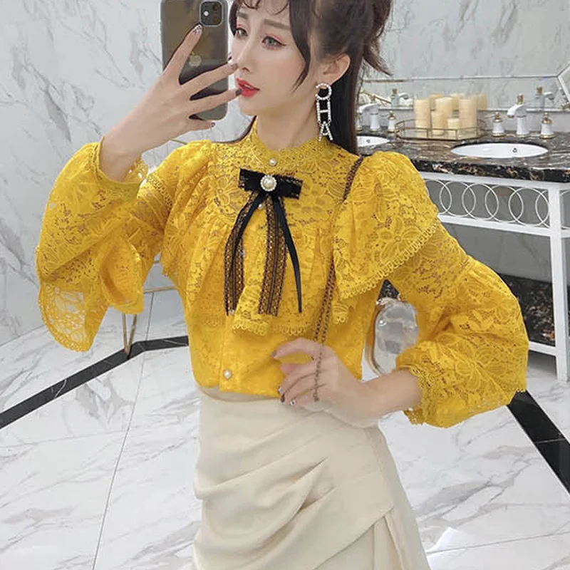 

Ruffle Lace Blouse Shirts Women's Tops Long Sleeve Bow Vintage shirt Women's Elegant y2k Top Sexy Transparent Shirt Female