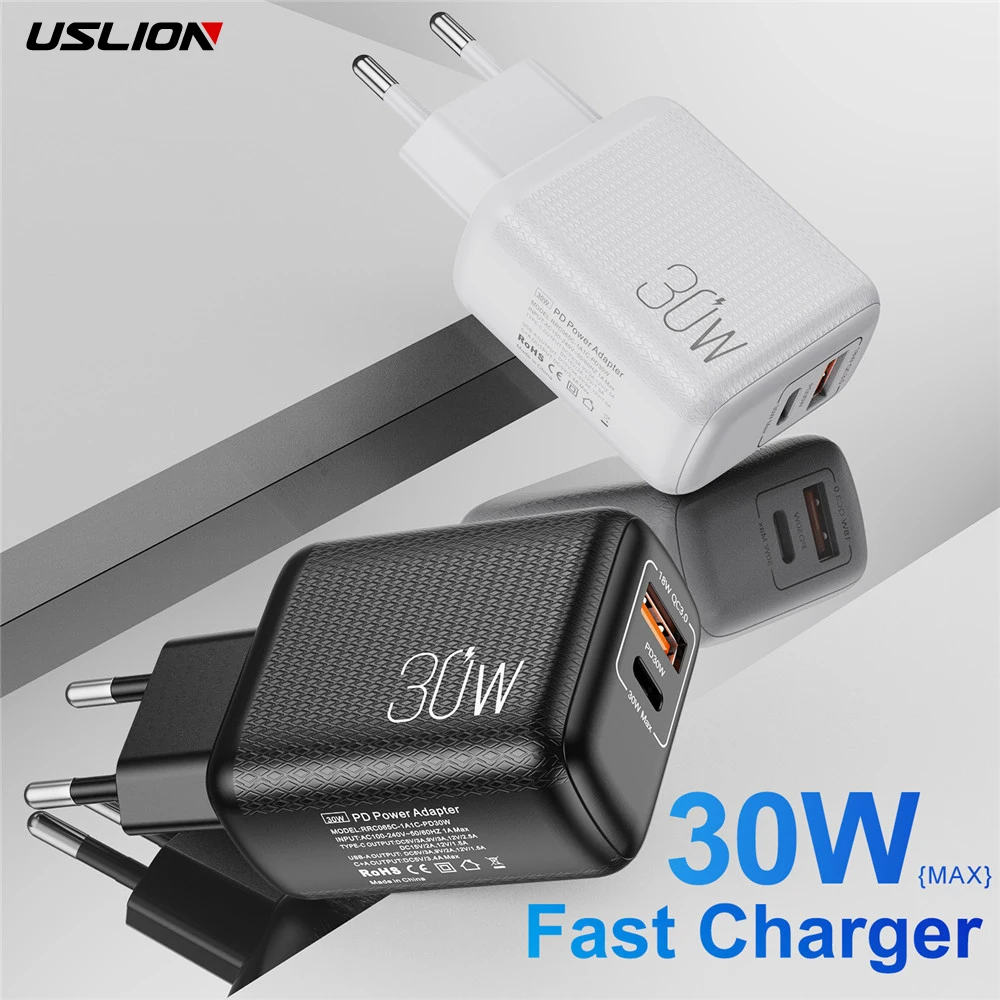 USLION PD 30W USB C Quick Charge PD QC 3.0 Type C Fast Charging For iPhone 12 Pro Samsung Xiaomi redmi Wall Mobile Phone Charger