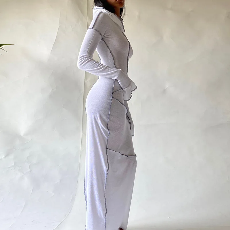 2023 Long Sleeve Hooded Patchwork Skinny Maxi Dress