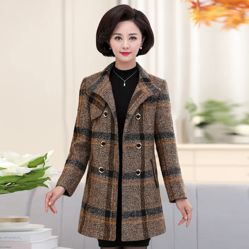 Women\'s Woolen Coat Winter Add Cotton Warm Windbreaker Jacket Temperament Mother Clothing Plaid Wool Coat 5XL W1705