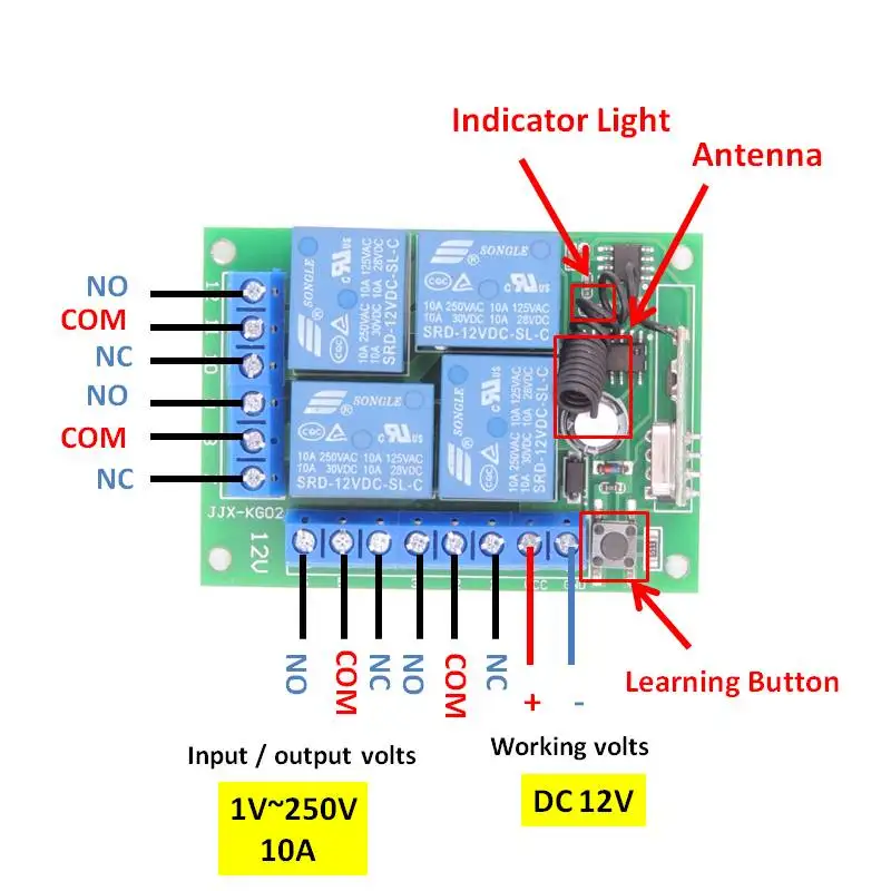 DC 12V 4CH Relay Receiver Wireless Remote Control 433MHz Universal  Module RF Switch 4 Button Remote Control Gate Garage opener