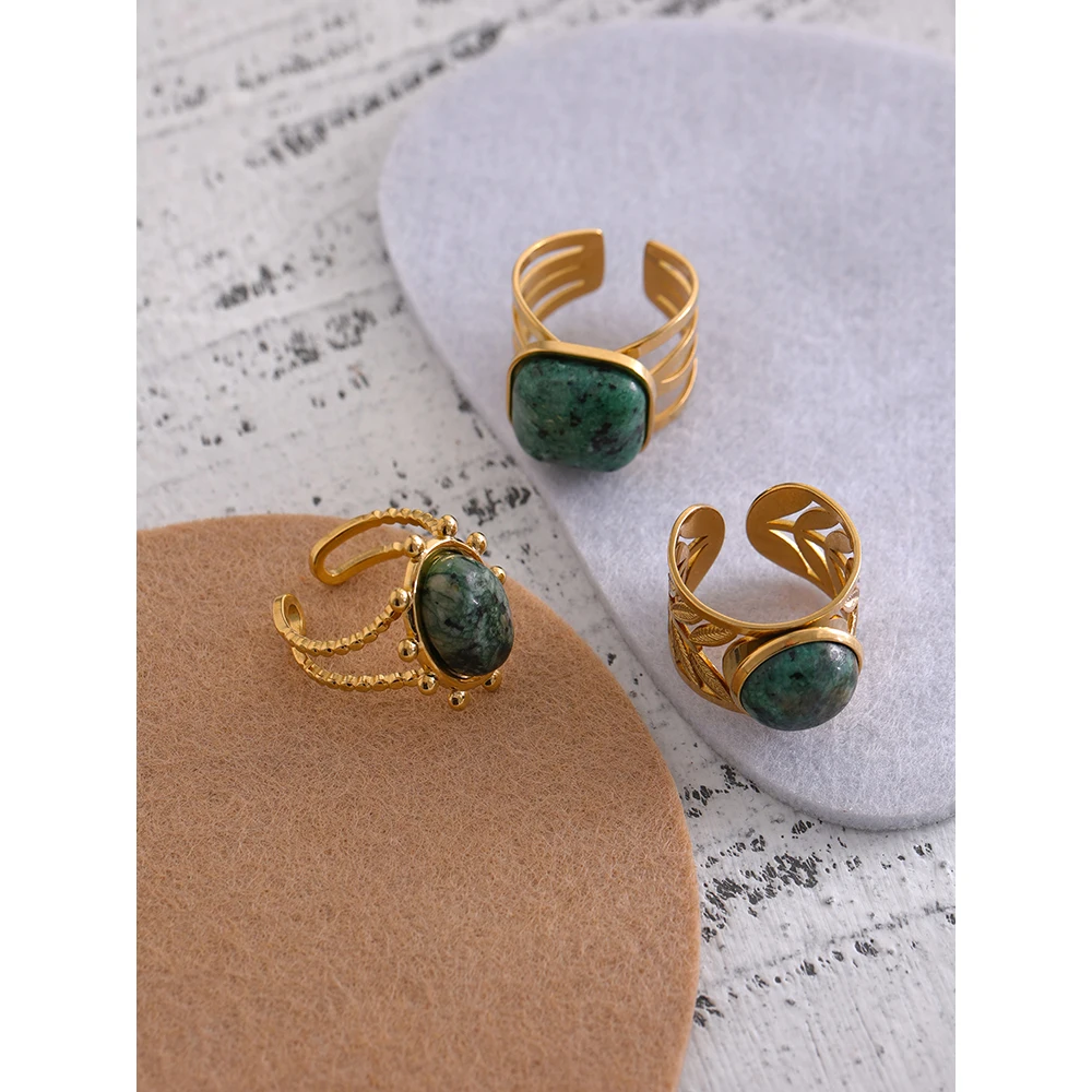 Yhpup Stainless Steel Green Natural Turquoise Opening Ring Statement Golden 18 K Plated Ring bague acier inoxydable Gift New