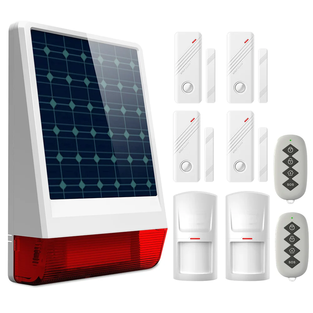 

Wolf-Guard Wireless Outdoor Weather-Proof GSM SMS Solar Siren House Security Alarm Burglar System PIR Motion Door Sensor