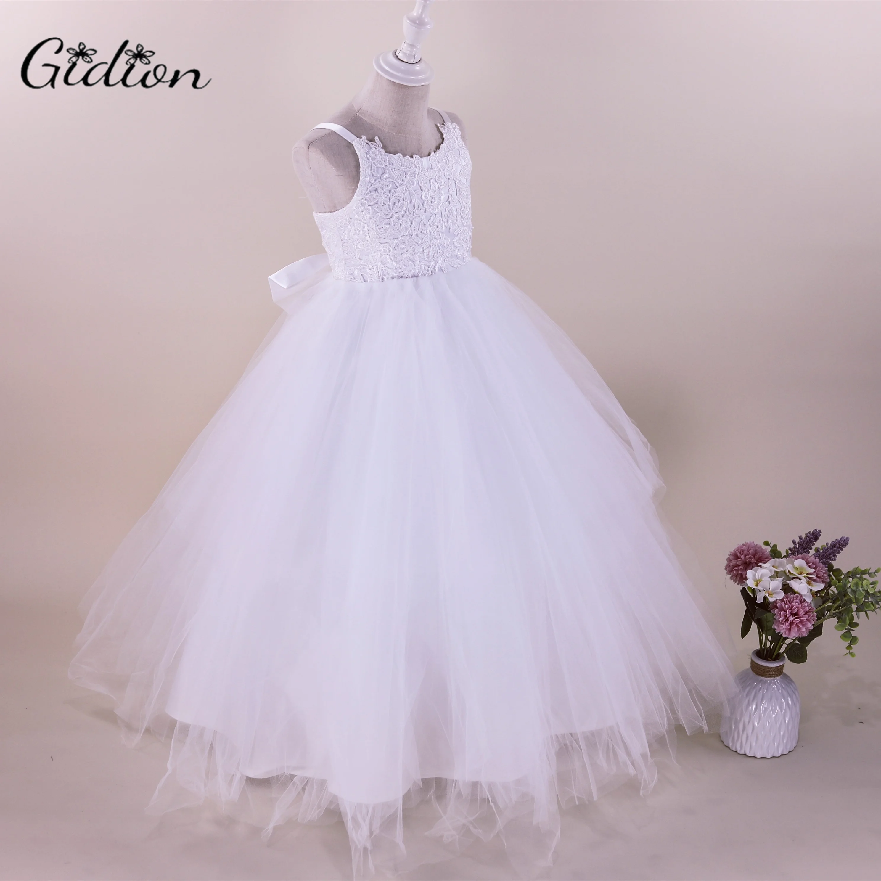 2-14 Years Lace Tulle Flower Girl Dresses For Wedding Sheer Lace Applique Back Girls Pageant Gowns Princess Dresses With Bow