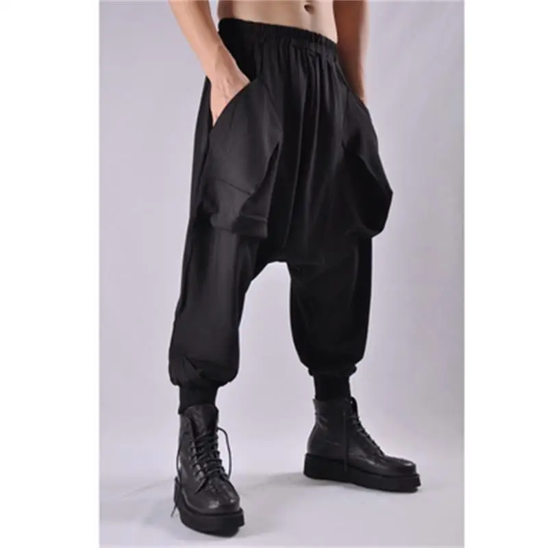 

Men's Low Stop Harlan Pants Fall Solid Color Elastic Waist With Large Pocket Design Hanging Gear Fashionable Nine-Minute Pants