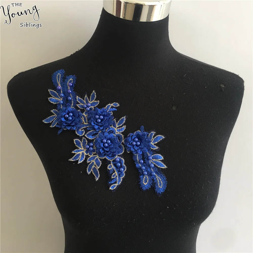 ABS pearl Flower Lace Collar Clothing Fabric Accessories Blue Organza embroidery Patches Sewing Crafts Applications for clothes