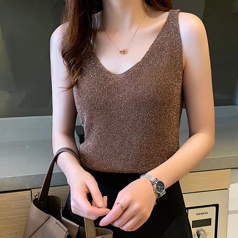Bright Silk Ladies Tank Top Summer Clothing Vests For Women Shiny Elastics White Trend Korean Fashion Elegant Tanks And Camis