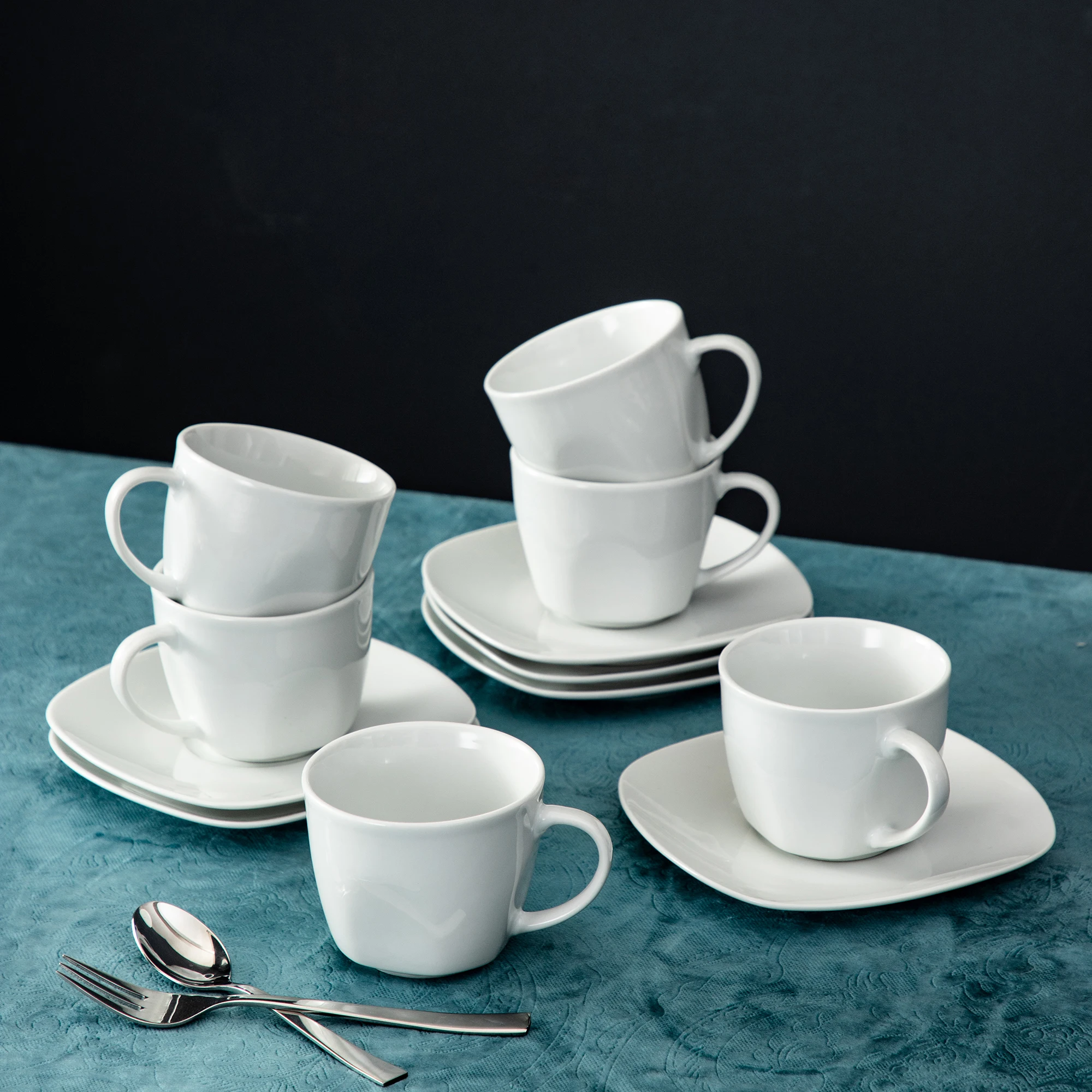 MALACASA Series Elisa Ivory White China Ceramic Porcelain Drinkware Coffee Tea Cup Service Set with 6 Piece Cups and Saucers