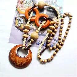 Magic Sun lines Hand Carved Exotic Hollow Round Woody Beaded Pendant Necklace Fashion Jewelry for Women Birthday Gift Present