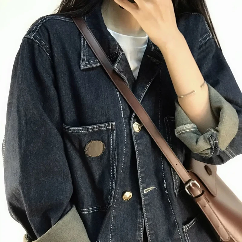 Plus Size 5XL Solid Color Loose Women Jean Jackets Autumn Vintage Versatile Female Denim Coat Big Pockets Midi Cowboy Outerwear