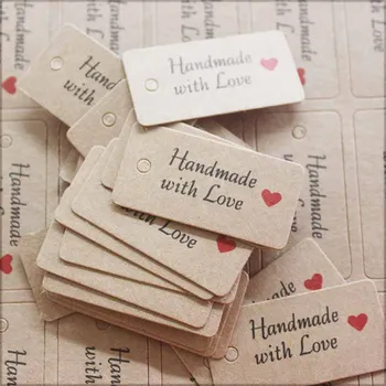 100pcs Kraft Paper Tags with Strings Handmade with Love Hang Tags Garment Tags for Candy/Gift/Cookies Display Packing Label Card