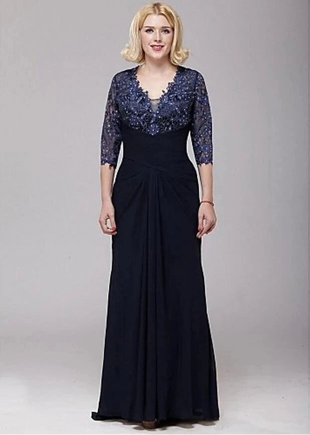 Navy Blue Mother Of The Bride Dresses A-line V-neck 3/4 Sleeves Chiffon Lace Beaded Groom Long Mother Dresses For Wedding