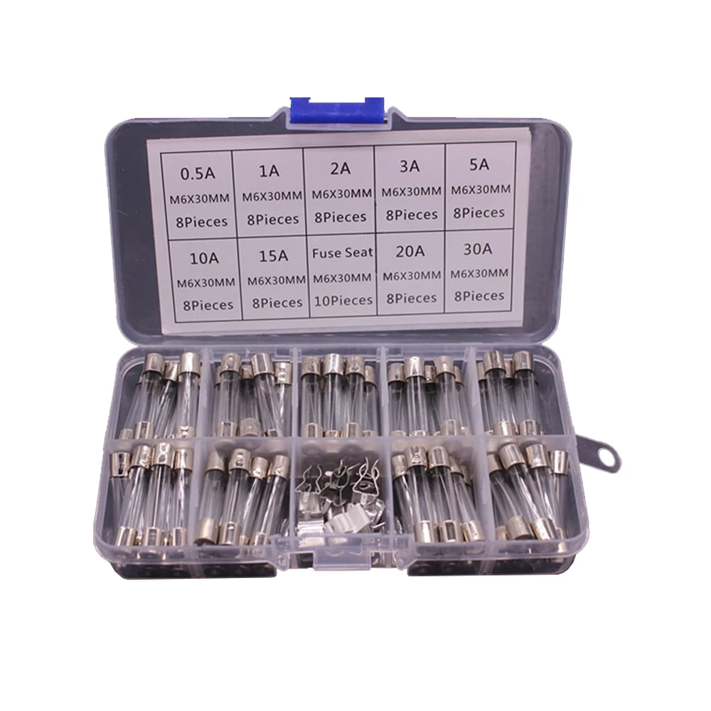 72 Pcs 6x30mm Quick Blow Glass Tube FuseAssorted Kits Fast-blow Glass Fuses With Fuse Seat 0.5A 1A 2A 3A 5A 8A 10A 15A 20A 30A