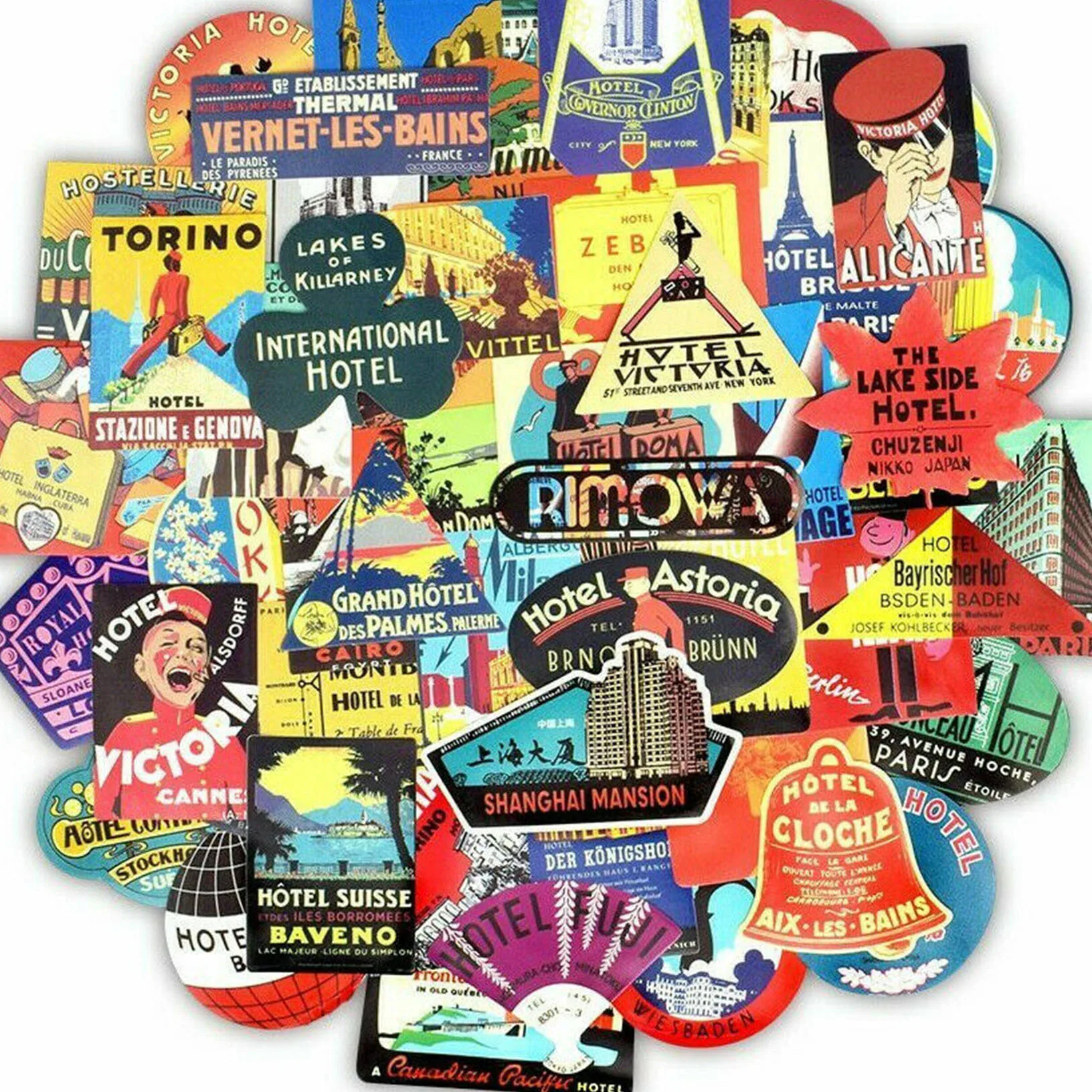 50 Travel Sticker Lot Pack Hotel Vintage Retro Luggage Laptop Decal Waterproof