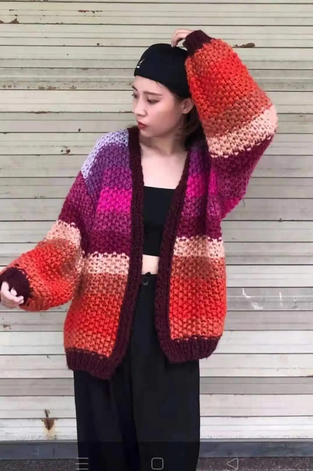 Autumn Winter Handmade Rainbow Striped Crocheted Cardigan Hit Color Thick V-Neck Hooked Sweater Coat Female Knitwear Crop Tops