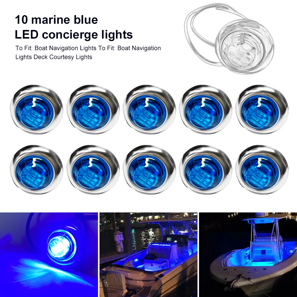 12V Boat Lamp 10Pcs Marine Transom Stern Light Round White LED Tail Lamp Waterproof IP67 Yacht Side Marker Courtesy Lights Blue