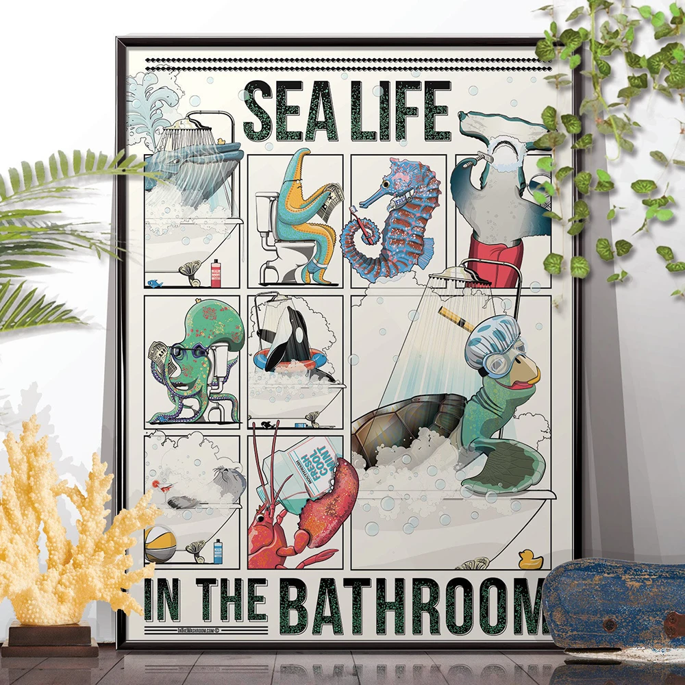 

Octopus Lobster Turtle Poster Marine Life Print Interesting Bathroom Wall Art Toilet Canvas Painting Picture Room Wall Decor