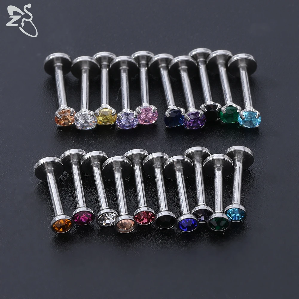 ZS 20 Pcs/lot 3 Style 16G Assorted Colors Zircon Gem Labret Lip Piercing Men Stainless Steel Cartilage Tragus Helix Ring Jewelry