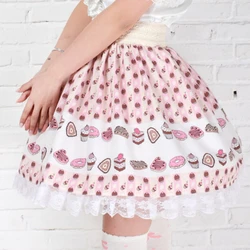 Summer New Women Full Off Cakes Printed Plus Size Skirt Cute Lolita Princess Kawaii Japanese Lace Hem Elastic Waist Pink Bottoms