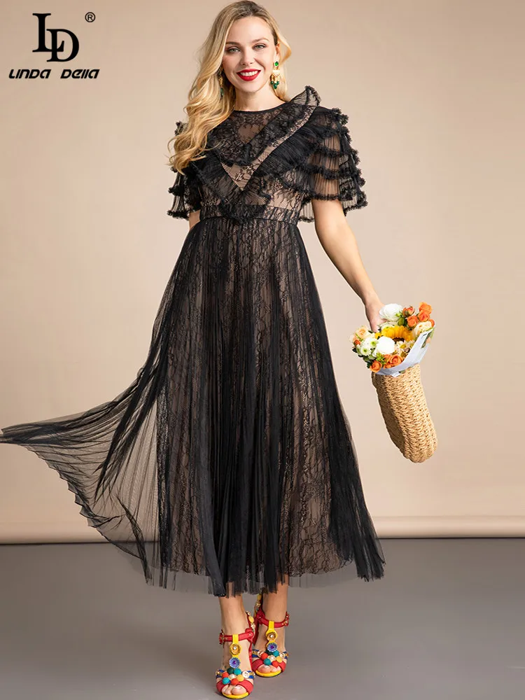 LD LINDA DELLA Summer Runway Fashion Black Mesh Dress Women Short sleeve Lace Splicing Vintage Party Pleated Midi Dress Vestidos