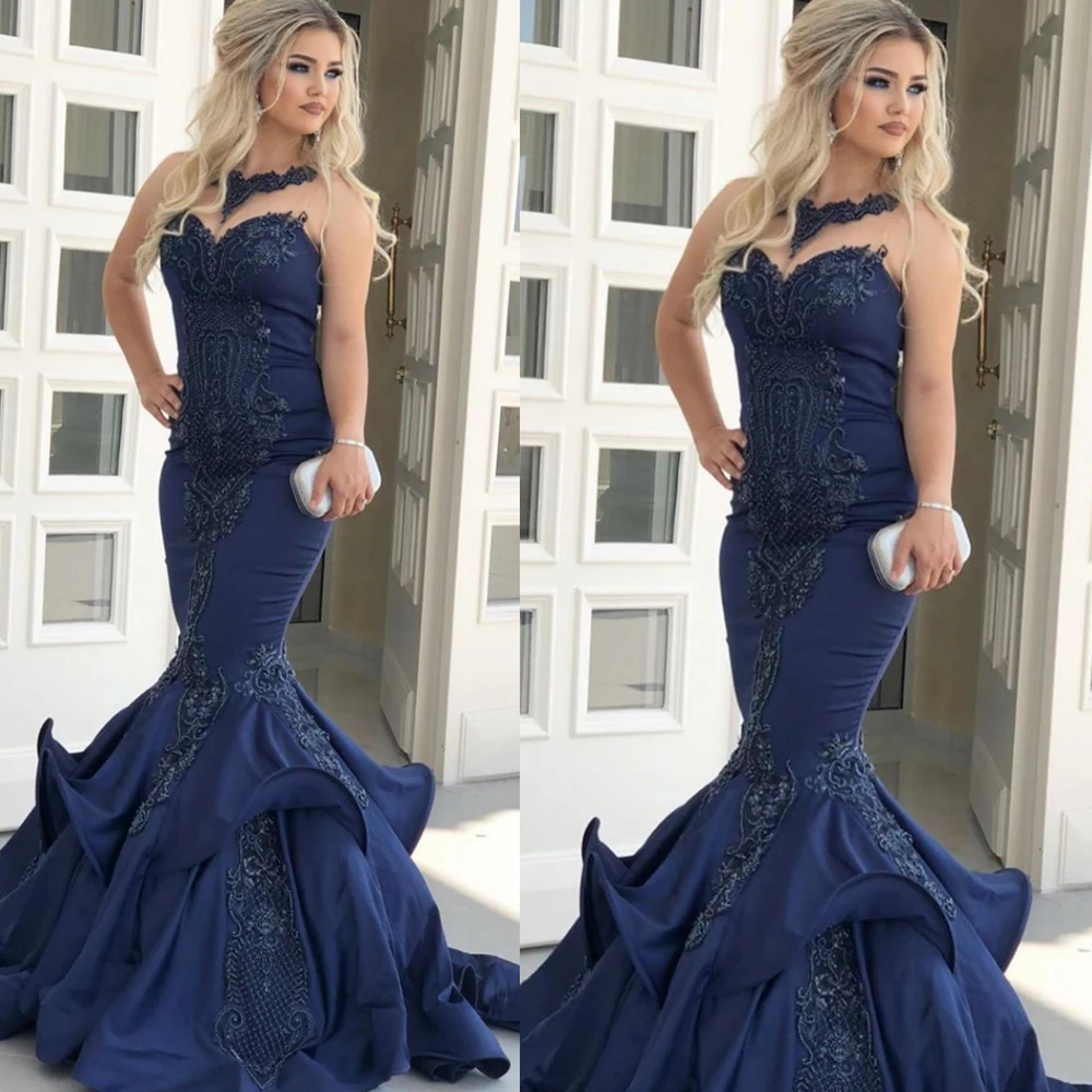 navy blue prom dresses 2020 sweetheart neckline mermaid puffy fishtail lace appliques evening dresses formal dress