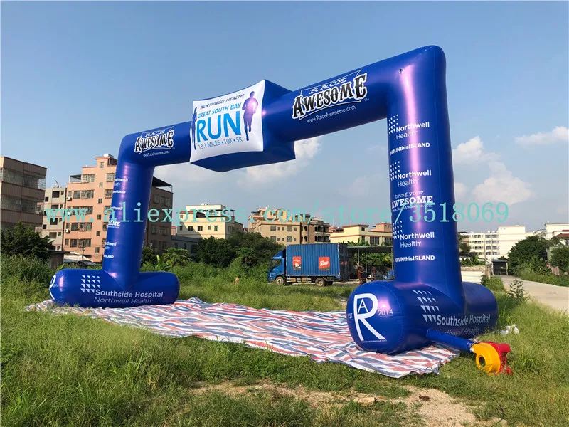 Blue 12m span 6m high Oxford inflatable arches for sale, customized for outdoor advertising campaigns