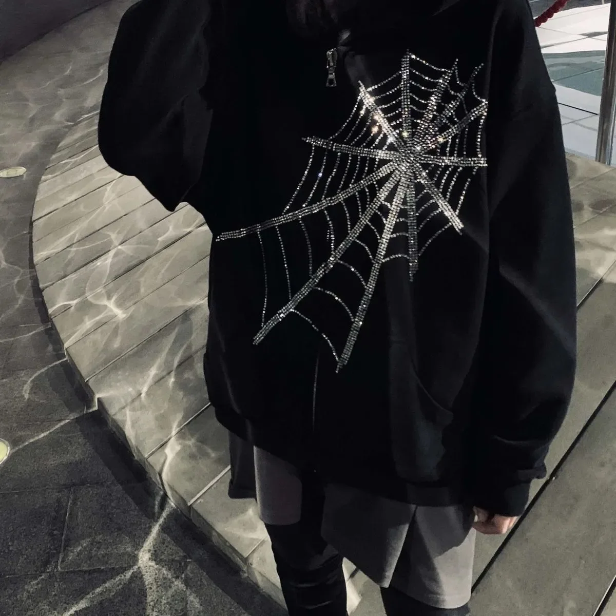 ZSIIBO Gothic Punk Spider Web Hoodie Women Fairy Grunge Dark Academy Jacket Coat Harajuku Outwear Zipper Sweatshirts Emo Bottoms