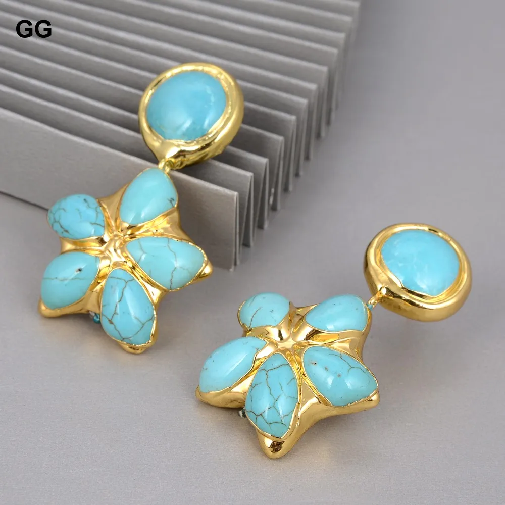 Natural Gold Color Plated Turquoises Flower Blue Stone Slice Leverback Earrings For Women Lady Girl Gift Jewelry