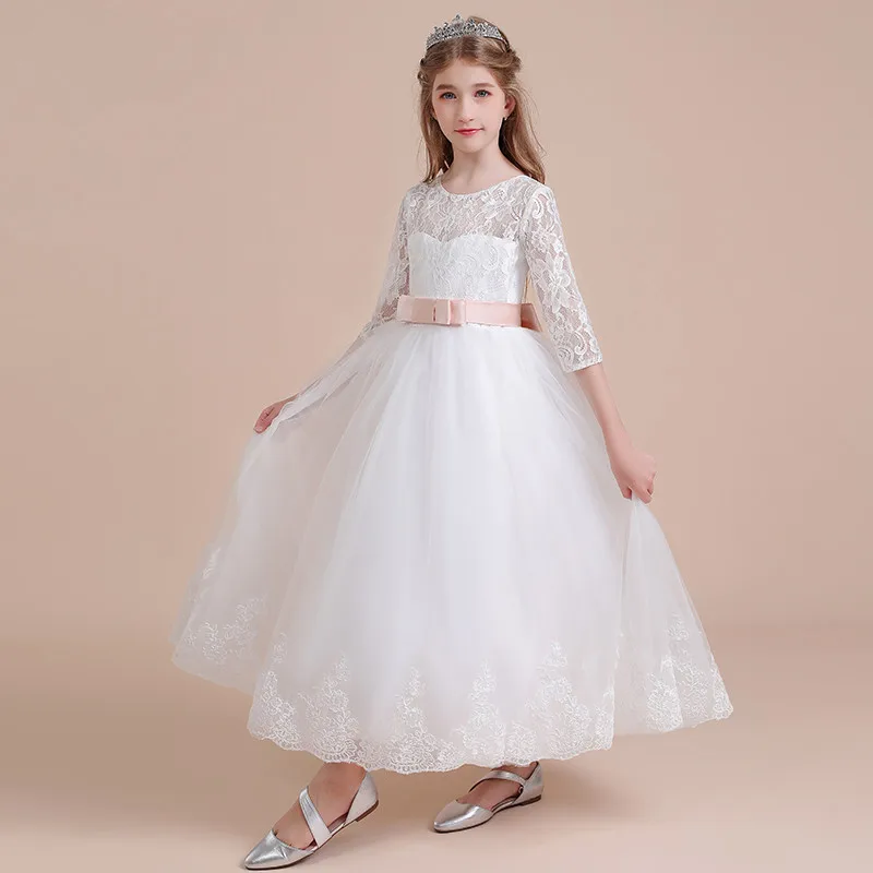 Dideyttawl White Lace Tulle Flower Girl Dress Long Half Sleeve Girls Formal Evening Birthday Party Princess Gown Kids Bow Back