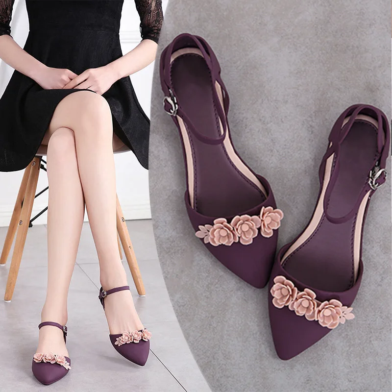 

Ladies Flower Flat Shoelaces Buckle Pointed Toe Ladies Single Shoes Waterproof Baotou High Quality Fashion Shoes Women Casual