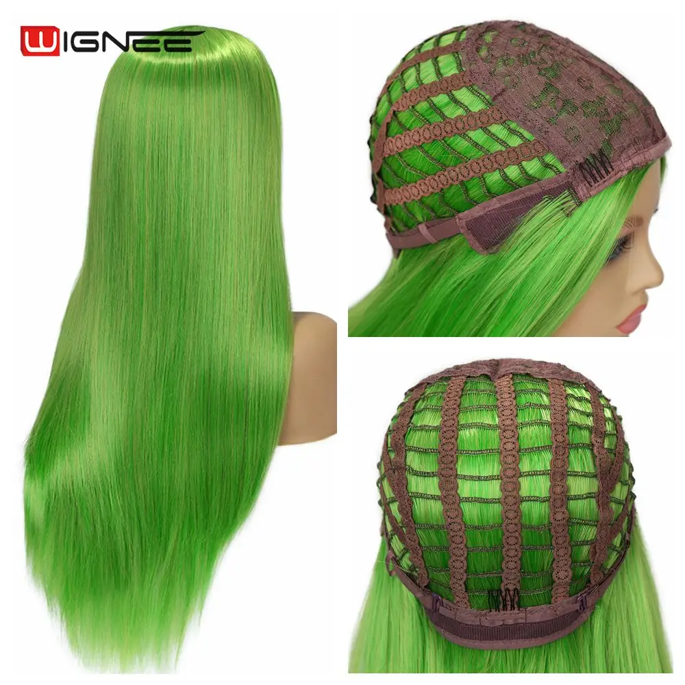 Wignee Lange Gerade Gras Grün Synthetische Heat Resistant Perücken Für Frauen Natur Mittleren Teil Cosplay Natürliche Haar Perücken