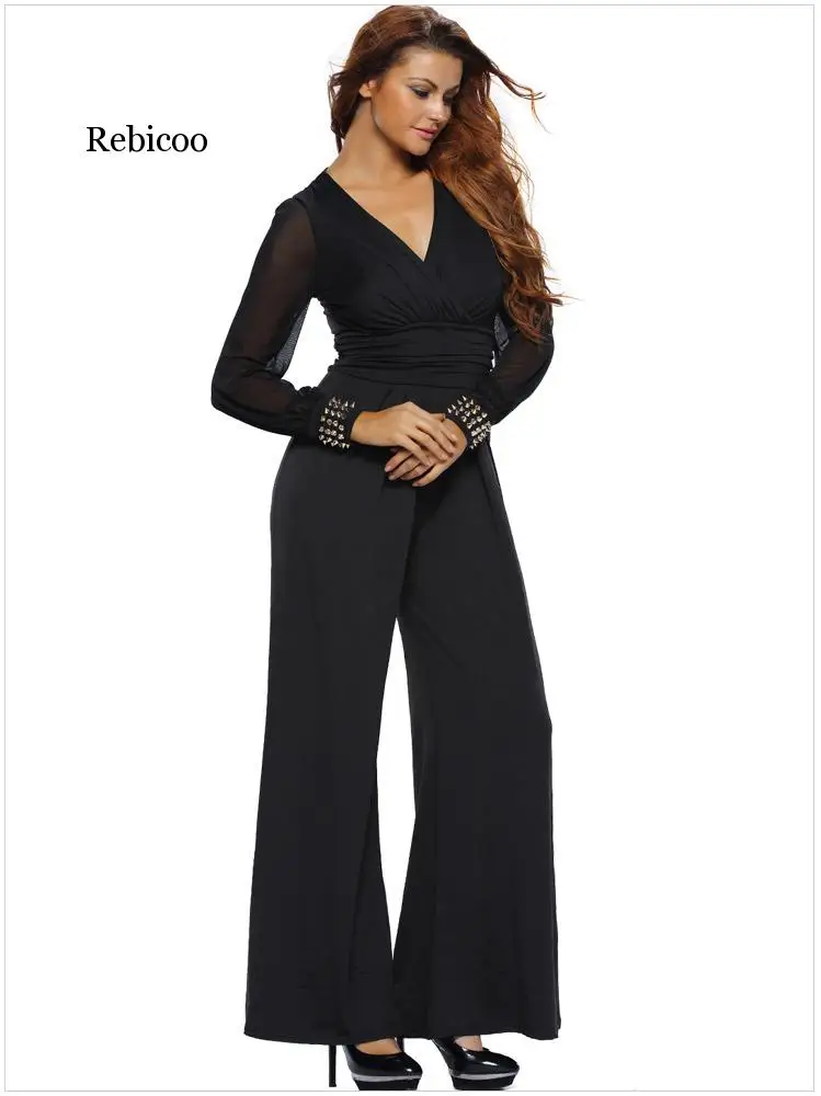 

Autumn Flare Sleeve High Waist Wide Leg Jumpsuits Women Sexy V Neck Lace Solid Jumpsuits Loose Long Overalls